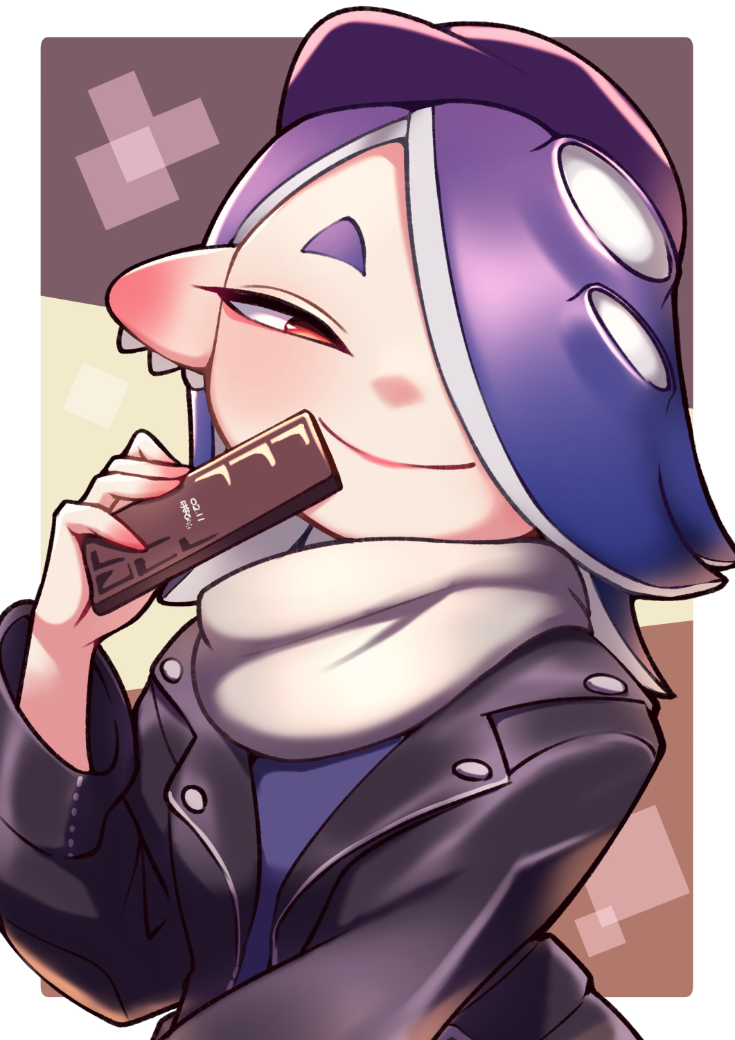 1girl, beret, black_jacket, blue_hair, blue_hat, chocolate, earrings, eyeliner, food, hair_over_one_eye, hat, highres, holding, holding_chocolate, holding_food, jacket, jewelry, long_hair, long_sleeves, looking_at_viewer, makeup, nintendo, octoling, pointy_ears, red_eyeliner, red_eyes, shiver_(dark_chocolate)_(splatoon), shiver_(splatoon), smile, splatoon_(series), splatoon_3, suction_cups, tentacle_hair, tooth_earrings, umenodo