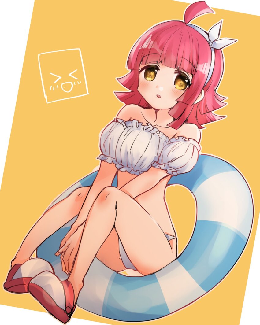 >_<, 1girl, :d, ahoge, bare_shoulders, between_legs, bikini, blunt_ends