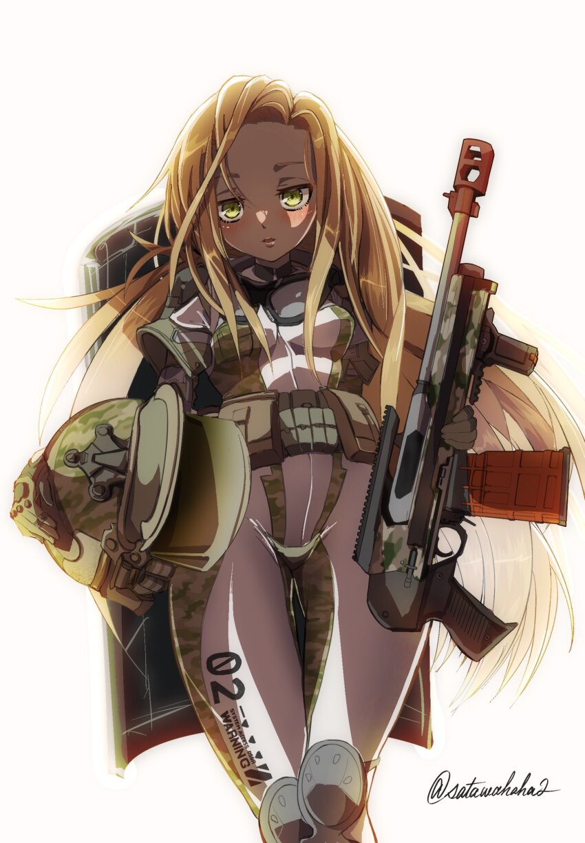 1girl, bandolier, belt, blonde_hair, blush, bodysuit, breasts, camouflage