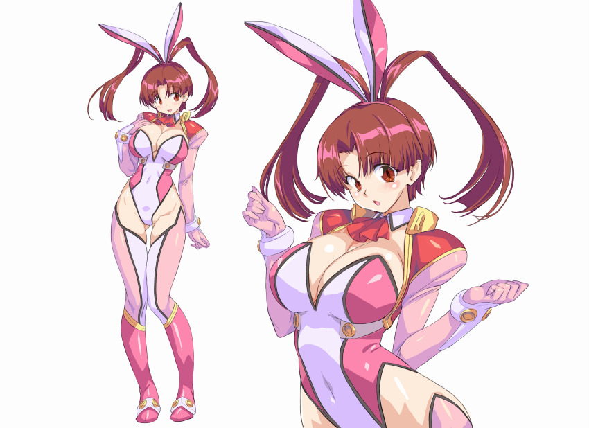 1girl, :o, absurdres, adapted_costume, animal_ears, antenna_hair, aoi_anna, aoi_anna_(cosplay), ascot, boots, breasts, brown_eyes, brown_hair, cleavage, commentary_request, cosplay, covered_navel, detached_collar, detached_sleeves, fake_animal_ears, gluteal_fold, hand_on_own_chest, hands_up, highleg, highleg_leotard, highres, kiyama_satoshi, large_breasts, leotard, long_hair, looking_at_viewer, multicolored_leotard, multiple_views, parted_lips, pilot_suit, pink_boots, pink_leotard, pink_sleeves, pink_thighhighs, playboy_bunny, rabbit_ears, red_ascot, shinkon_gattai_godannar!!, simple_background, smile, standing, thighhighs, two-tone_leotard, upper_body, utsugi_mikoto, white_background, white_leotard, yuusha_ou_gaogaigar, yuusha_series