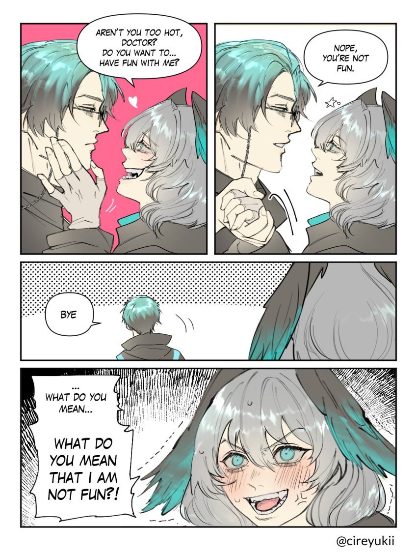 1boy, 1girl, arknights, black_hair, blush, comic, commentary, doctor_(arknights), english_commentary, english_text, fingerless_gloves, glasses, gloves, green_eyes, green_hair, grey_gloves, grey_hair, hand_on_another's_face, highres, ho'olheyak_(arknights), looking_at_another, male_doctor_(arknights), multicolored_hair, open_mouth, speech_bubble, trembling, twitter_username, two-tone_hair, yukii