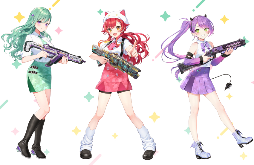 3girls, :d, animal_ear_legwear, ankle_boots, apex_legends, ascot, bare_shoulders, black_footwear