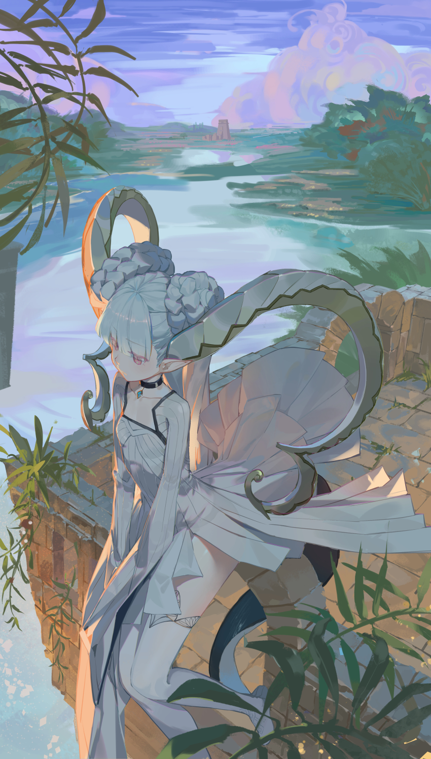 1girl, absurdres, black_choker, blue_hair, boots, braid, breasts, choker