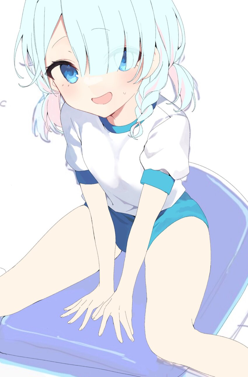 1girl, ao_(mintz), arona_(blue_archive), between_legs, blue_archive, blue_buruma, blue_eyes, blue_hair