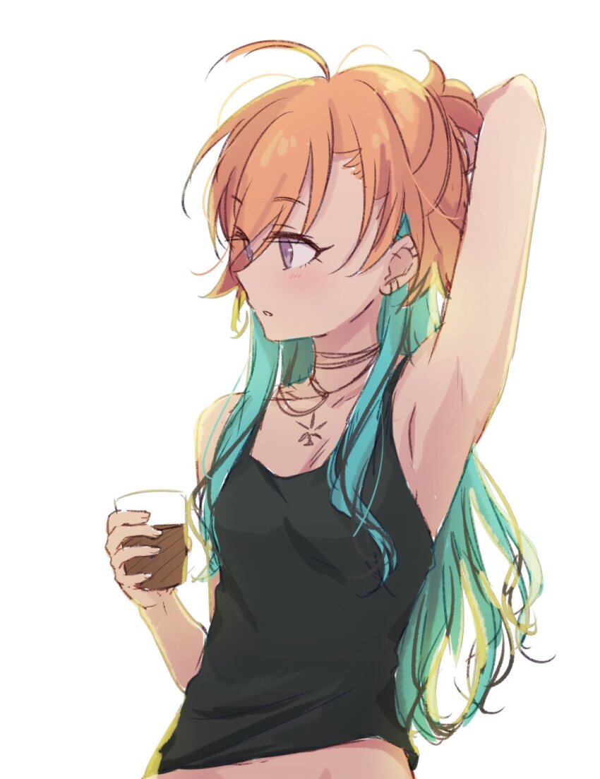 1girl, 2_nostg, ahoge, aqua_hair, arm_behind_head, armpits, black_shirt, breasts