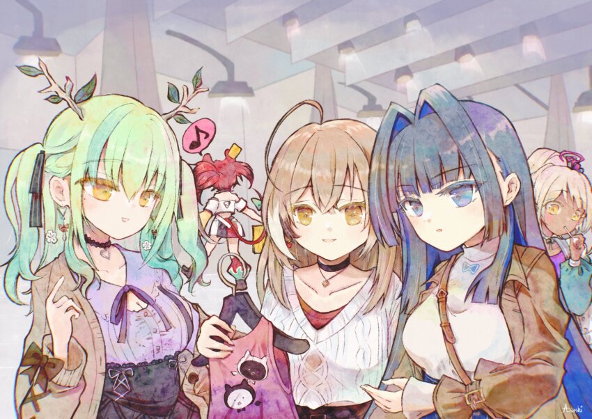 5girls, ahoge, animal_ears, antlers, asashi_kaede, asymmetrical_legwear, bare_shoulders, belt, berry, black_choker, black_collar, black_footwear, black_hair, black_skirt, blonde_hair, bloom_(irys), blue_eyes, blue_hair, blunt_bangs, brown_cardigan, brown_coat, brown_eyes, brown_hair, brown_skirt, candy, cardigan, ceiling, ceiling_light, ceres_fauna, ceres_fauna_(jirai_kei), choker, cleavage_cutout, clothes_hanger, clothes_shop, clothing_cutout, coat, collar, crop_top, crossed_bangs, dark-skinned_female, dark_skin, denim, detached_sleeves, earrings, fingernails, flower, food, food-themed_earrings, gloom_(irys), green_hair, hair_flower, hair_intakes, hair_ornament, hair_ribbon, hakos_baelz, heart, heart_choker, high-waist_pants, high-waist_skirt, highres, hime_cut, holding, holding_clothes_hanger, holocouncil, hololive, hololive_english, horns, jacket, jeans, jewelry, letterman_jacket, light_brown_hair, lights, lollipop, long_hair, long_sleeves, midriff, mismatched_legwear, mole, mole_under_eye, mouse_ears, mouse_girl, mouse_tail, multicolored_hair, multicolored_skirt, multiple_girls, musical_note, nanashi_mumei, nanashi_mumei_(casual), necklace, off-shoulder_shirt, off_shoulder, official_alternate_costume, open_cardigan, open_clothes, ouro_kronii, ouro_kronii_(casual), pants, planet_hair_ornament, purple_ribbon, purple_shirt, red_hair, red_shirt, ribbon, shirt, shop, shopping, sidelocks, skirt, smile, spiked_collar, spikes, spoken_musical_note, strapless, strapless_shirt, streaked_hair, sweater, tail, tank_top, tsukumo_sana, twintails, two_side_up, virtual_youtuber, white_hair, white_shirt, white_sweater, yellow_eyes