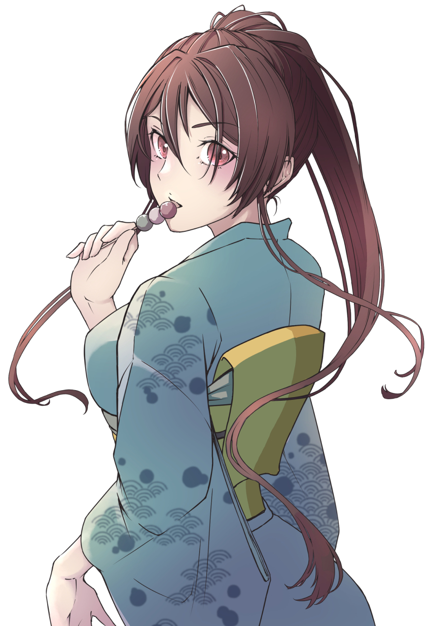 1girl, blue_kimono, brown_eyes, brown_hair, dango, eating, food, hand_up