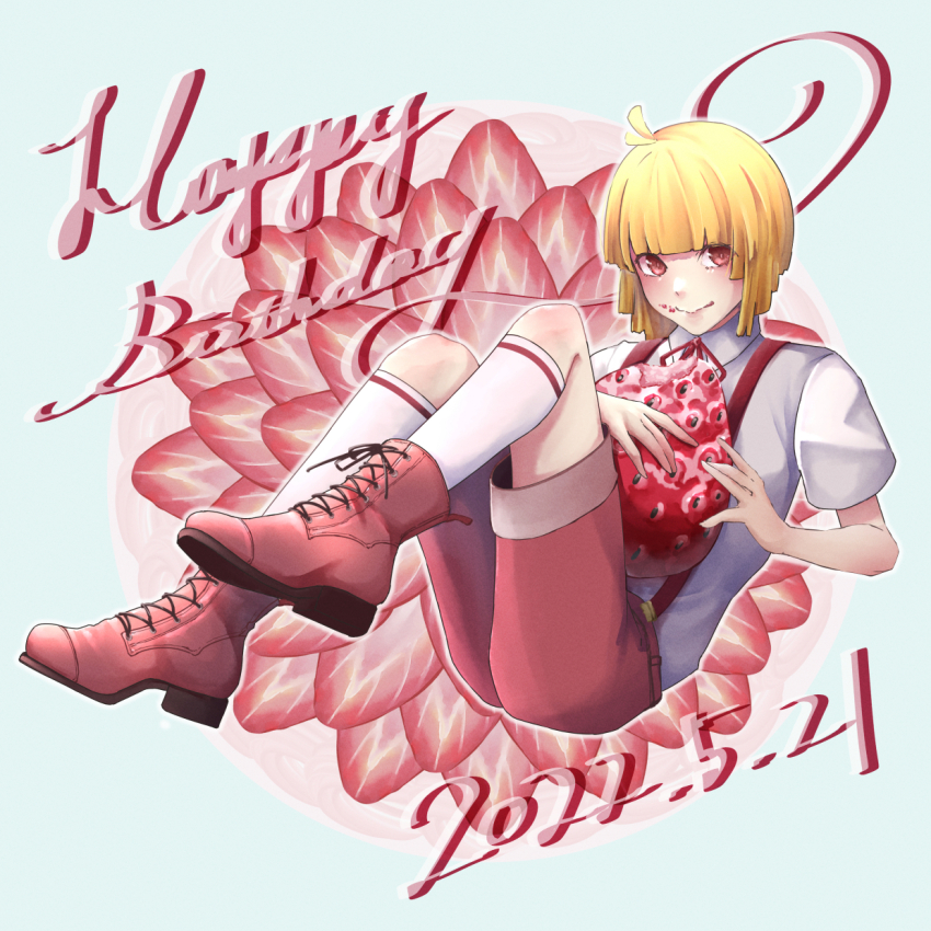 1boy, blonde_hair, blunt_bangs, brown_footwear, dated, eyeball, full_body, happy_birthday