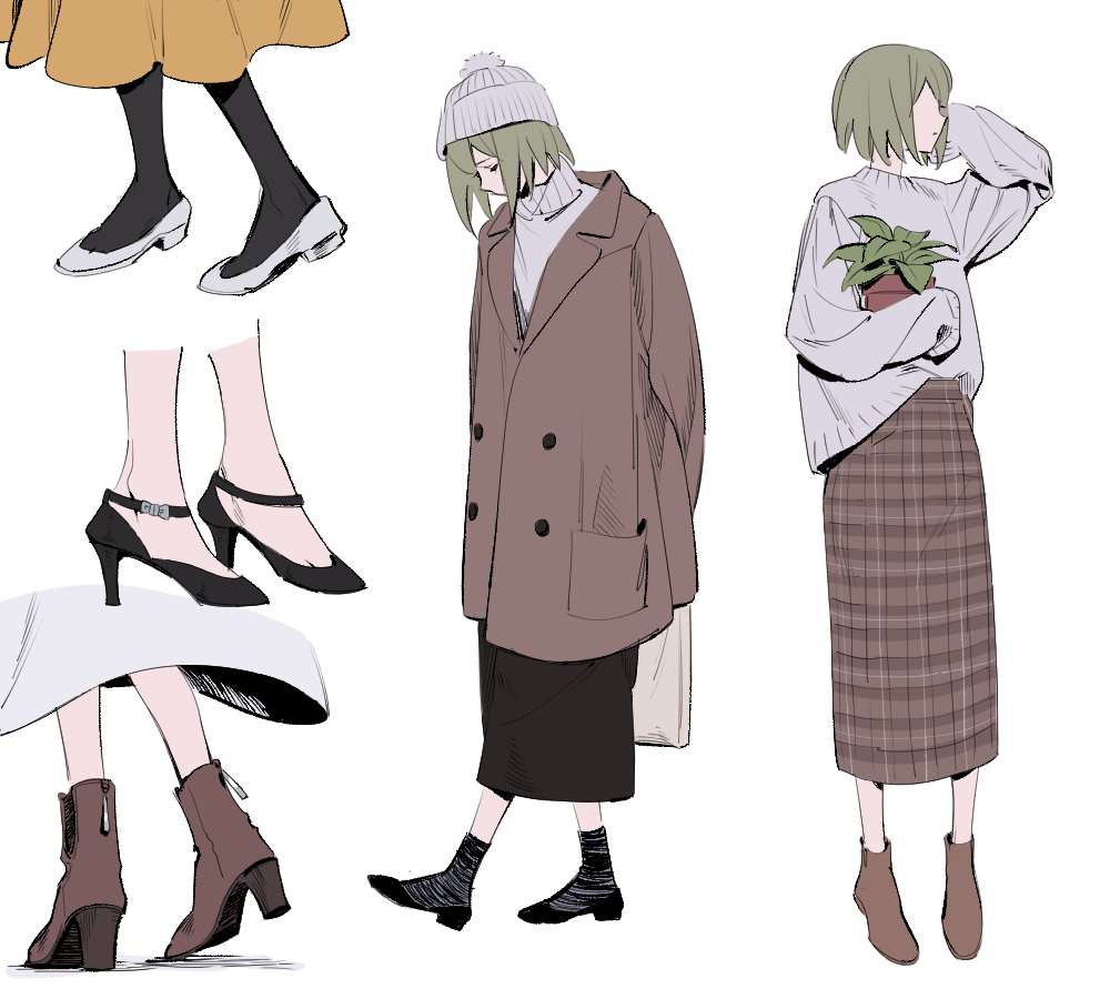 1boy, bag, beanie, black_footwear, black_skirt, black_socks, bob_cut, boots