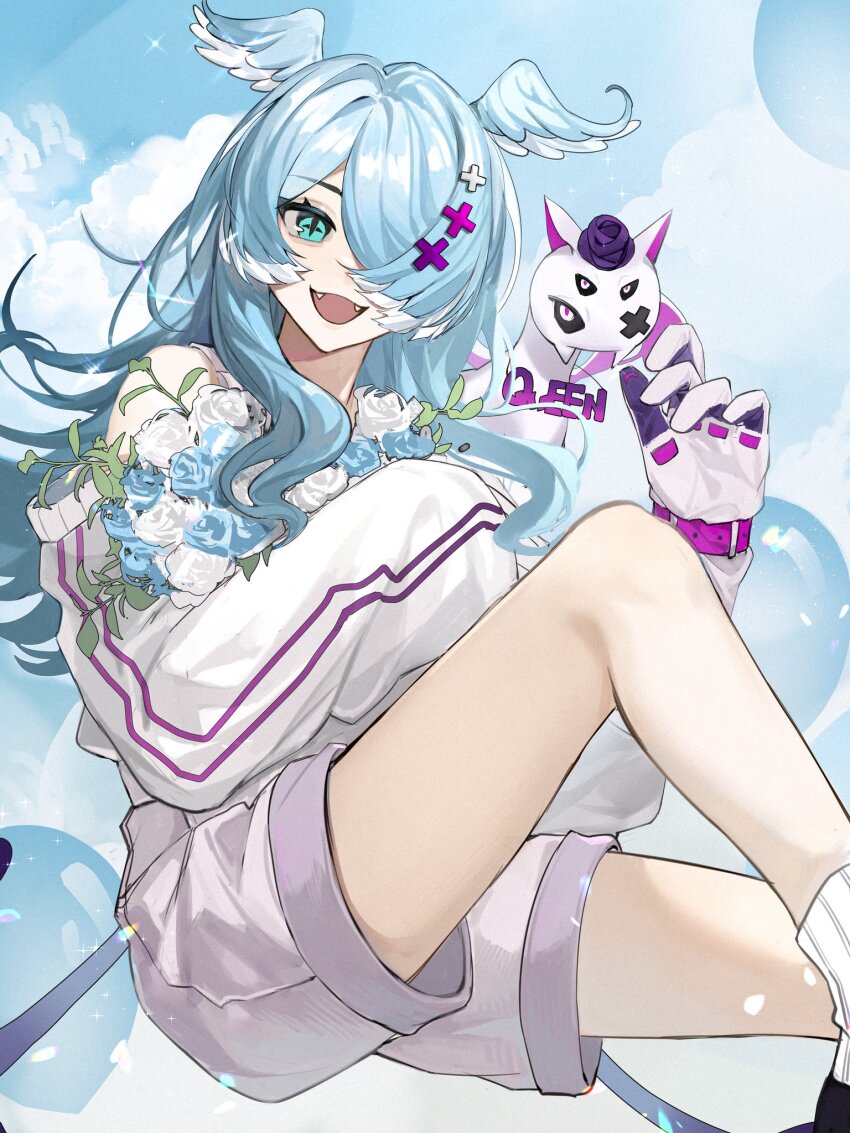 1girl, blue_eyes, blue_hair, blue_wings, bouquet, elira_pendora, elira_pendora_(1st_costume), fangs
