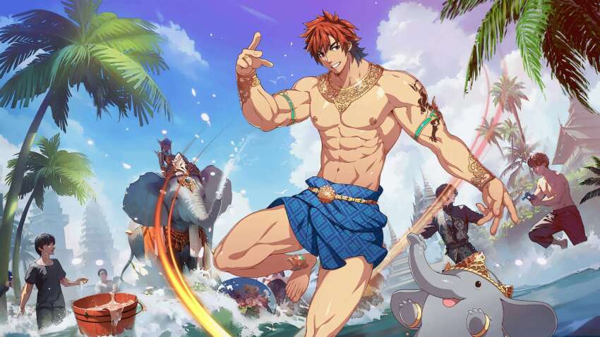 1boy, abs, animal, armband, bara, bracelet, cloud, day
