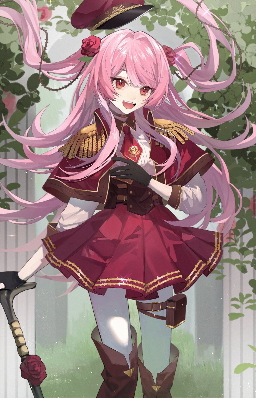 1girl, black_gloves, boots, brown_boots, capelet, flower, gloves, hair_flower