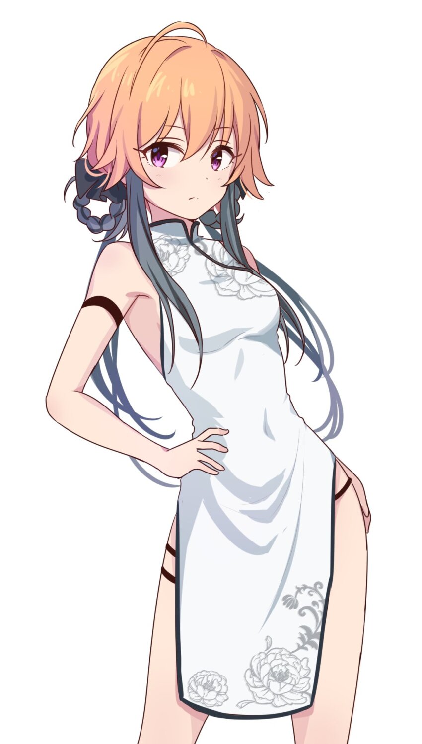 1girl, 2_nostg, ahoge, armband, armpits, black_ribbon, braid, breasts