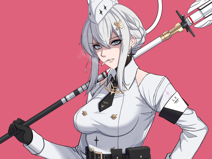 1girl, absurdres, belt, black_belt, black_gloves, black_necktie, breasts, cigarette