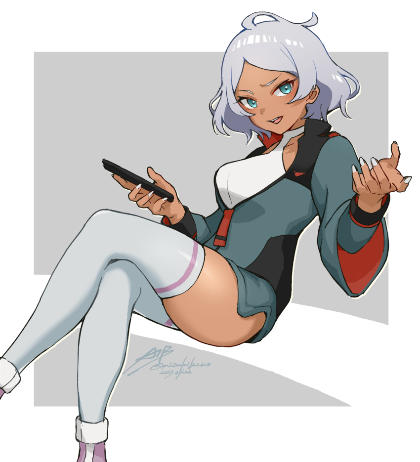 1girl, ahoge, aizaki_b, asticassia_school_uniform, blue_eyes, cellphone, crossed_legs, dark-skinned_female, dark_skin, green_jacket, grey_hair, gundam, gundam_suisei_no_majo, halter_shirt, halterneck, highres, jacket, leotard, looking_at_viewer, partially_unzipped, phone, school_uniform, secelia_dote, short_hair, smartphone, solo, thighhighs, white_leotard, white_nails, white_thighhighs