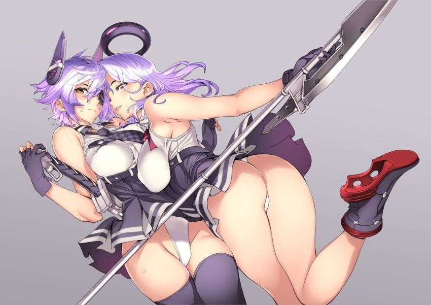 2girls, ass, black_gloves, black_skirt, breasts, checkered_clothes, checkered_necktie, eyepatch, glaive_(polearm), gloves, hair_intakes, halo, headgear, high-waist_skirt, kantai_collection, large_breasts, long_hair, looking_back, mechanical_halo, multiple_girls, necktie, nishieda, panties, polearm, purple_hair, shiny_skin, shirt, short_hair, skirt, sleeveless, sleeveless_shirt, tatsuta_(kancolle), tatsuta_kai_ni_(kancolle), tenryuu_(kancolle), tenryuu_kai_ni_(kancolle), underwear, white_panties, yellow_eyes