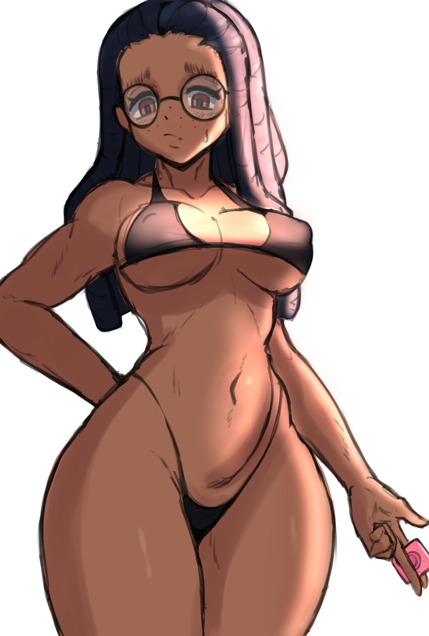 1girl, absurdres, arm_behind_back, bikini, black_bikini, borrowed_character, breasts, brown_eyes, cleavage, condom, covered_erect_nipples, cowboy_shot, dark-skinned_female, dark_skin, dreadlocks, expressionless, gigi_(whoopsatro), glasses, highres, holding, holding_condom, looking_at_viewer, medium_breasts, navel, nyapii, original, round_eyewear, simple_background, solo, swimsuit, very_dark_skin, white_background