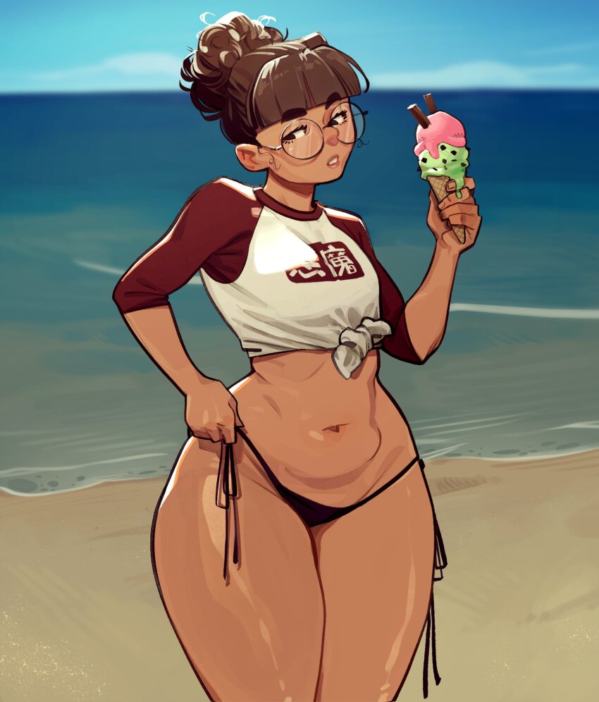 1girl, beach, blunt_bangs, borrowed_character, cowboy_shot, dark-skinned_female, dark_skin, food