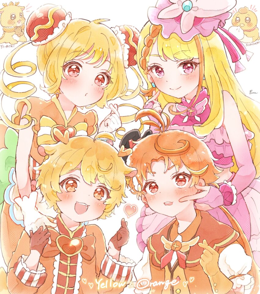 2boys, 2girls, blonde_hair, blush, brooch, brown_gloves, bun_cover, cure_butterfly