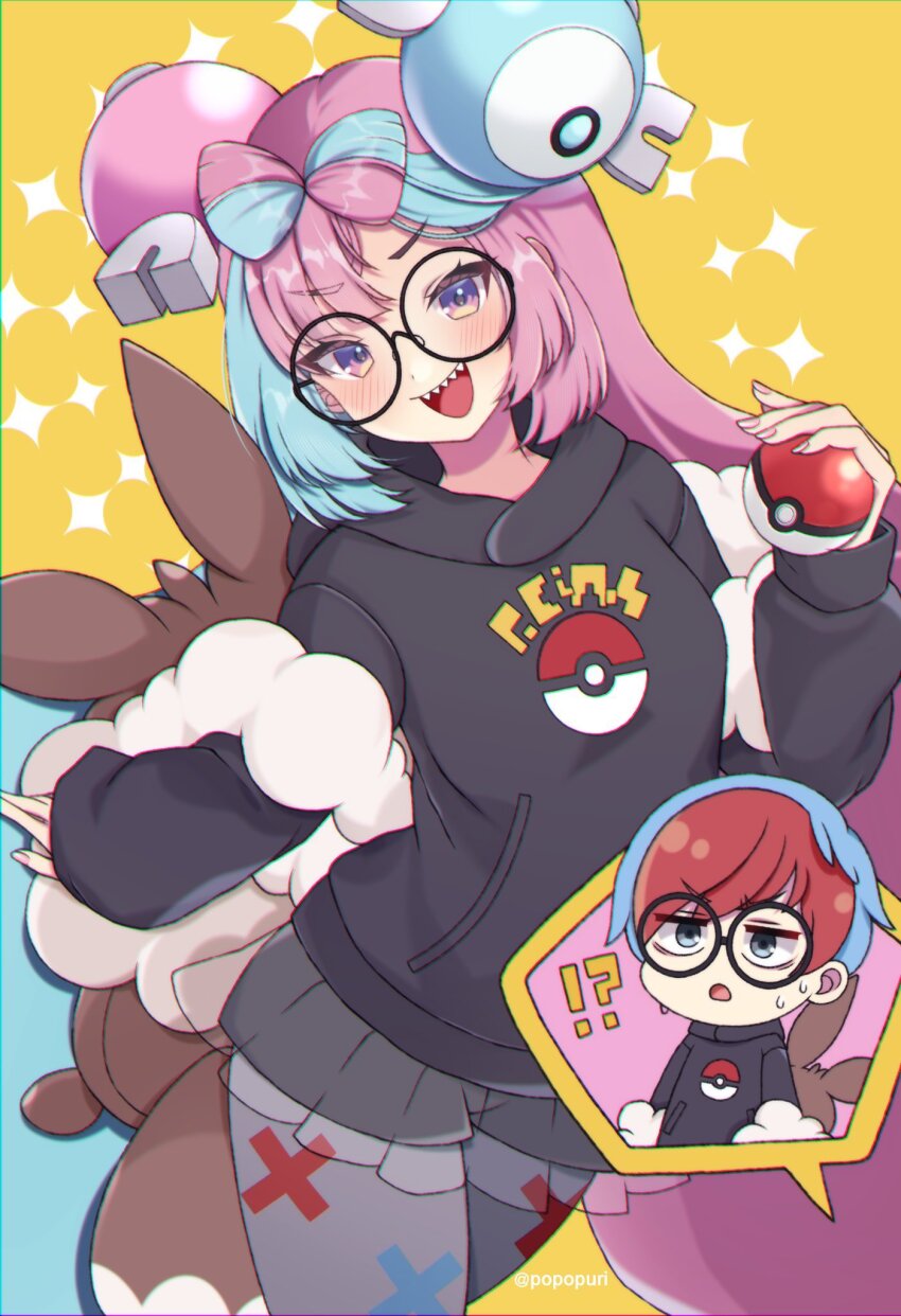 !?, 2girls, black-framed_eyewear, black_hood, blue_hair, blush, cosplay, glasses