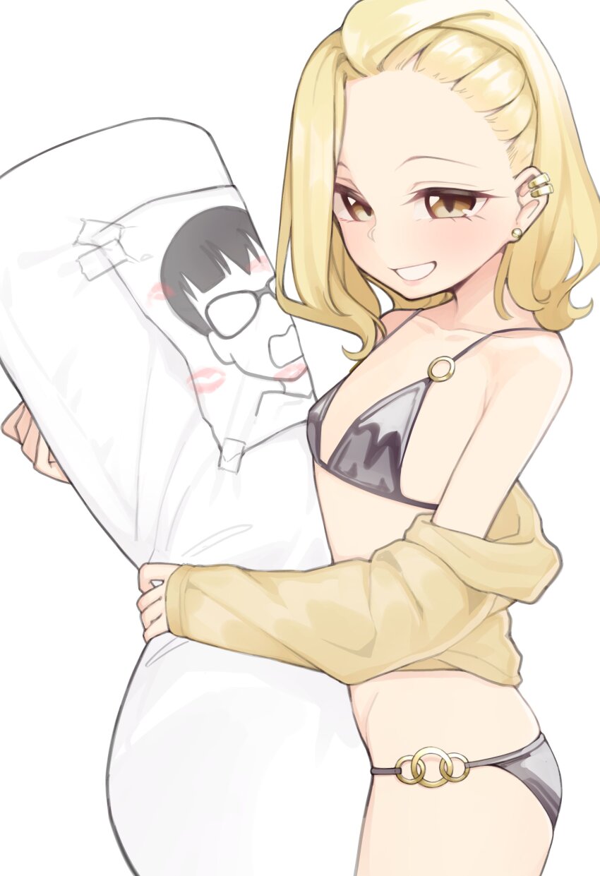 1girl, absurdres, anjou_(yancha_gal), bad_id, bad_twitter_id, bikini, black_bikini, blonde_hair, blush, body_pillow, breasts, brown_eyes, clothes_down, ear_piercing, earrings, glasses, gyaru, highres, holding, holding_pillow, inactive_account, jacket, jewelry, lipstick_mark, loli, looking_at_viewer, medium_hair, o-ring, o-ring_bikini, open_clothes, open_jacket, open_mouth, photo_(object), piercing, pillow, seto_(yancha_gal), simple_background, small_breasts, smile, solo, stud_earrings, swimsuit, white_background, yancha_gal_no_anjou-san, yeun