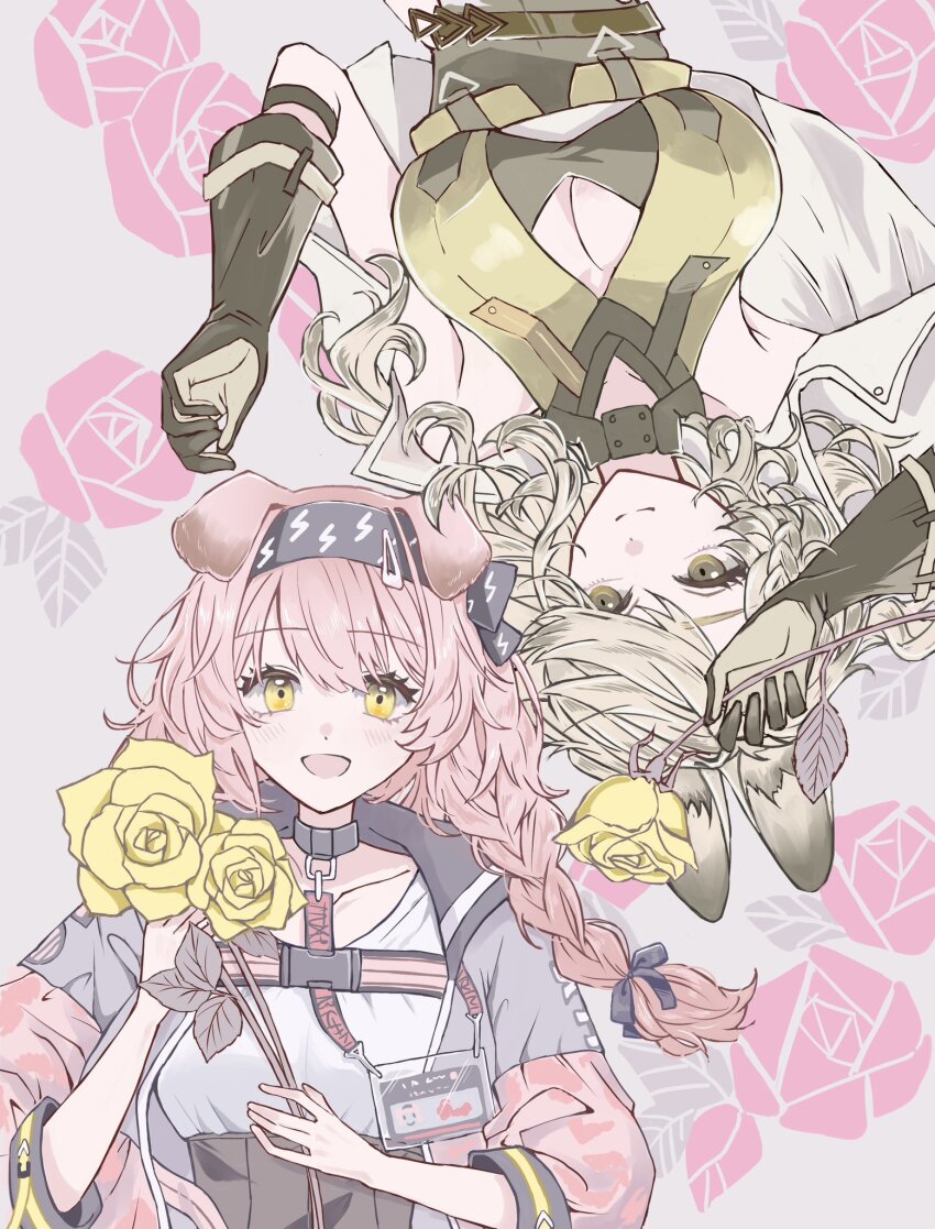 2girls, animal_ears, arknights, blonde_hair, braid, breasts, brown_eyes, cat_ears