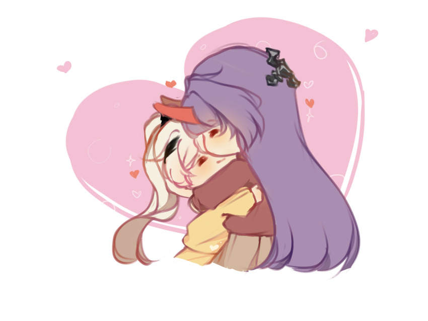 2girls, absurdres, alternate_costume, blush, closed_eyes, closed_mouth, hair_ornament, heart