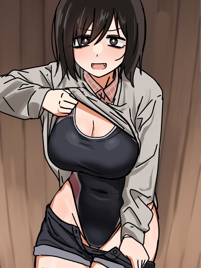 1girl, :d, absurdres, bags_under_eyes, black_hair, black_shorts, blush, bob_cut, breasts, bright_pupils, brown_eyes, cleavage, clothes_lift, clothes_pull, collared_shirt, commentary_request, competition_swimsuit, covered_navel, cowboy_shot, denim, denim_shorts, exhibitionism, fang, grey_sweater, groin, hair_between_eyes, hand_up, highleg, highleg_one-piece_swimsuit, highres, holding, large_breasts, lifting_own_clothes, light_blush, long_sleeves, looking_at_viewer, medium_hair, nankyoku_(gfey8832), one-piece_swimsuit, open_fly, open_mouth, original, parted_bangs, plaid_clothes, plaid_shirt, public_indecency, pulling_own_clothes, shirt, shirt_lift, short_hair, short_shorts, shorts, shorts_pull, sketch, smile, solo, standing, straight-on, straight_hair, sweater, swimsuit, swimsuit_under_clothes, taut_clothes, thigh_gap, thighs, undressing, unzipped, v-shaped_eyebrows, wooden_wall