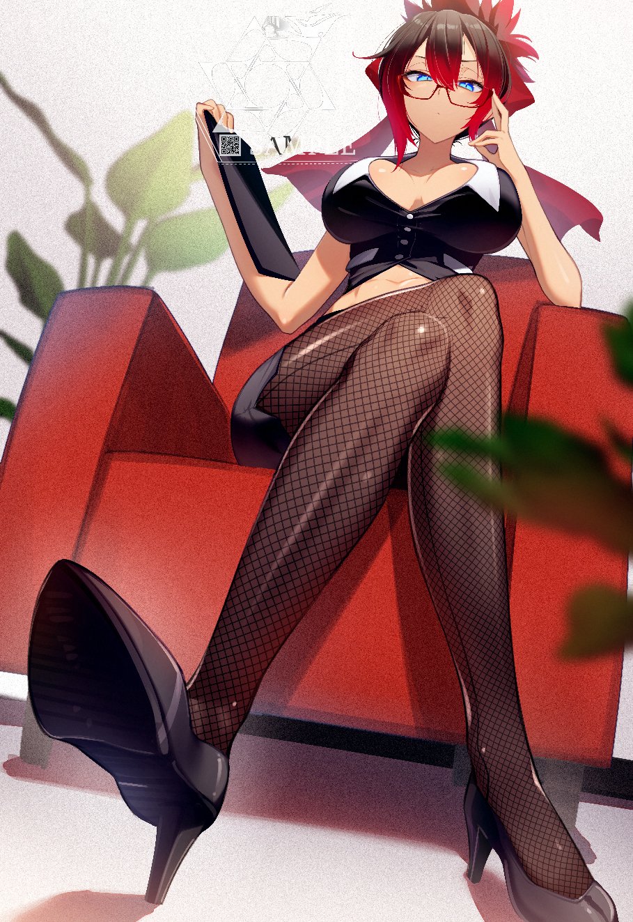 1girl, black_hair, blue_eyes, breasts, breasts_apart, catyla_veree_(ohman), cluseller, crossed_legs