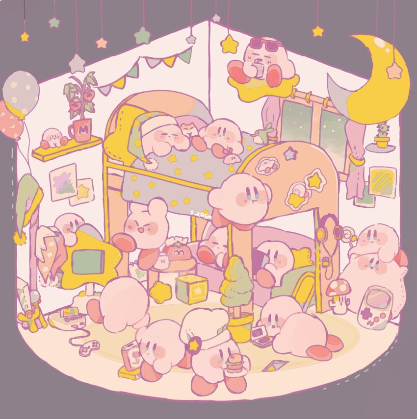 :d, arms_up, artist_name, balloon, bed, blue_eyes, blush, blush_stickers