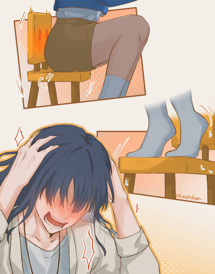 1boy, 1girl, absurdres, artist_name, black_hair, blue_jacket, blush, brown_shorts