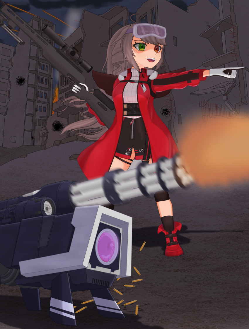 1girl, absurdres, ahoge, brown_hair, brown_skirt, coat, dinergate_(girls'_frontline), firing