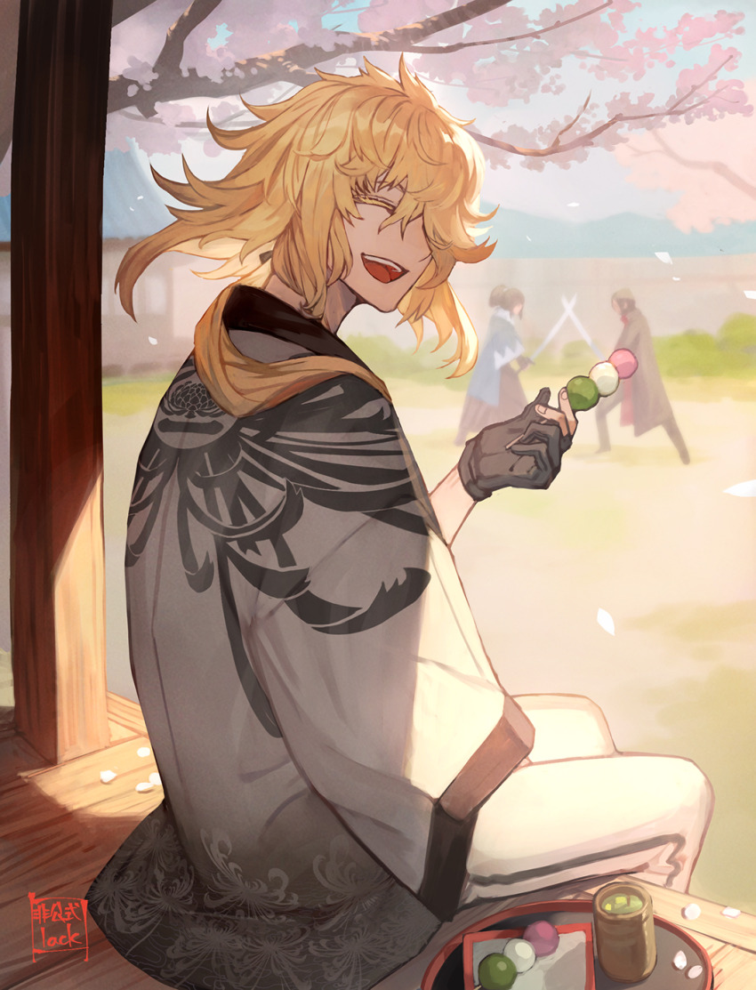 3boys, :d, artist_logo, artist_name, black_gloves, blonde_hair, blue_sky, cherry_blossoms