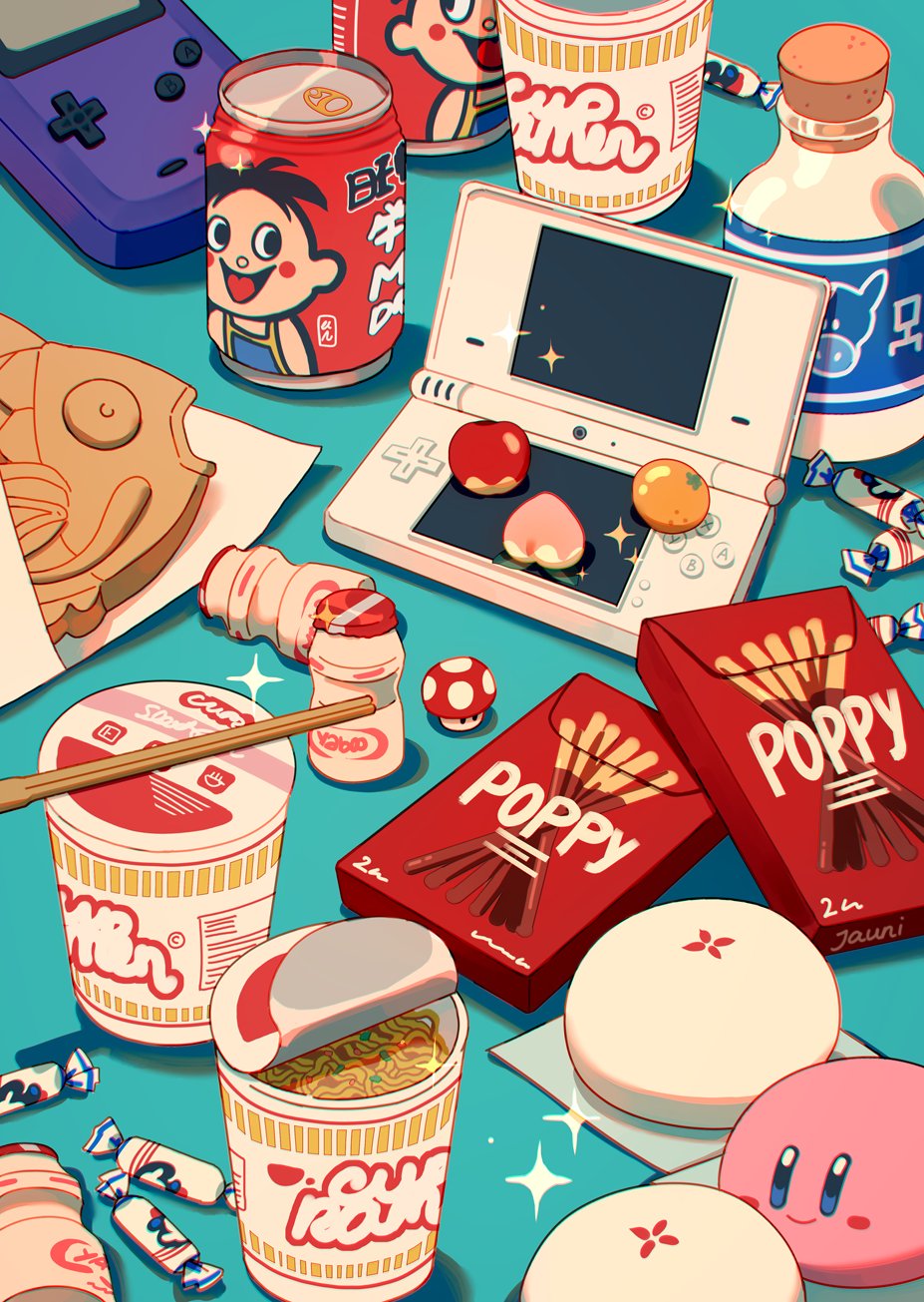 artist_name, berry_(pokemon), bottle, box, can, candy, canned_milk, chopsticks, commentary, cork, corked_bottle, english_commentary, food, game_boy, game_boy_color, gen_1_pokemon, handheld_game_console, highres, instant_noodles, jauni_(tofublock), kirby, kirby_(series), leppa_berry, lon_lon_milk, magikarp, mario_(series), milk_bottle, mochi, napkin, nintendo, nintendo_ds, nissin_cup_noodle, no_humans, noodles, oran_berry, pecha_berry, pocky, pokemon, ramen, sparkle, super_mushroom, taiyaki, the_legend_of_zelda, wagashi, want_want, white_rabbit_candy, yakult