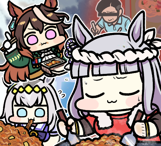 1boy, 3girls, :3, :t, animal_ears, ascot, bar_censor, black_hair, blue_eyes, blunt_bangs, bow, bowtie, brown_hair, censored, chibi, chopsticks, closed_eyes, commentary, ear_ornament, earrings, eating, flying_sweatdrops, gloves, gold_ship_(umamusume), green_jacket, grey_hair, hair_between_eyes, hairband, headband, holding, holding_chopsticks, holding_spatula, horse_ears, horse_girl, censored_identity, iwata_yasunari, jacket, jazz_jack, jewelry, light_brown_hair, long_hair, long_sleeves, medal, multicolored_hair, multiple_girls, oguri_cap_(umamusume), purple_bow, purple_bowtie, purple_eyes, purple_shirt, real_life, sailor_collar, sailor_shirt, school_uniform, shirt, short_hair, short_sleeves, sidelocks, single_earring, spatula, streaked_hair, summer_uniform, sweatdrop, symboli_rudolf_(umamusume), tracen_school_uniform, umamusume, upper_body, very_short_hair, white_ascot, white_gloves, white_sailor_collar, wide_face, yakisoba, yellow_hairband