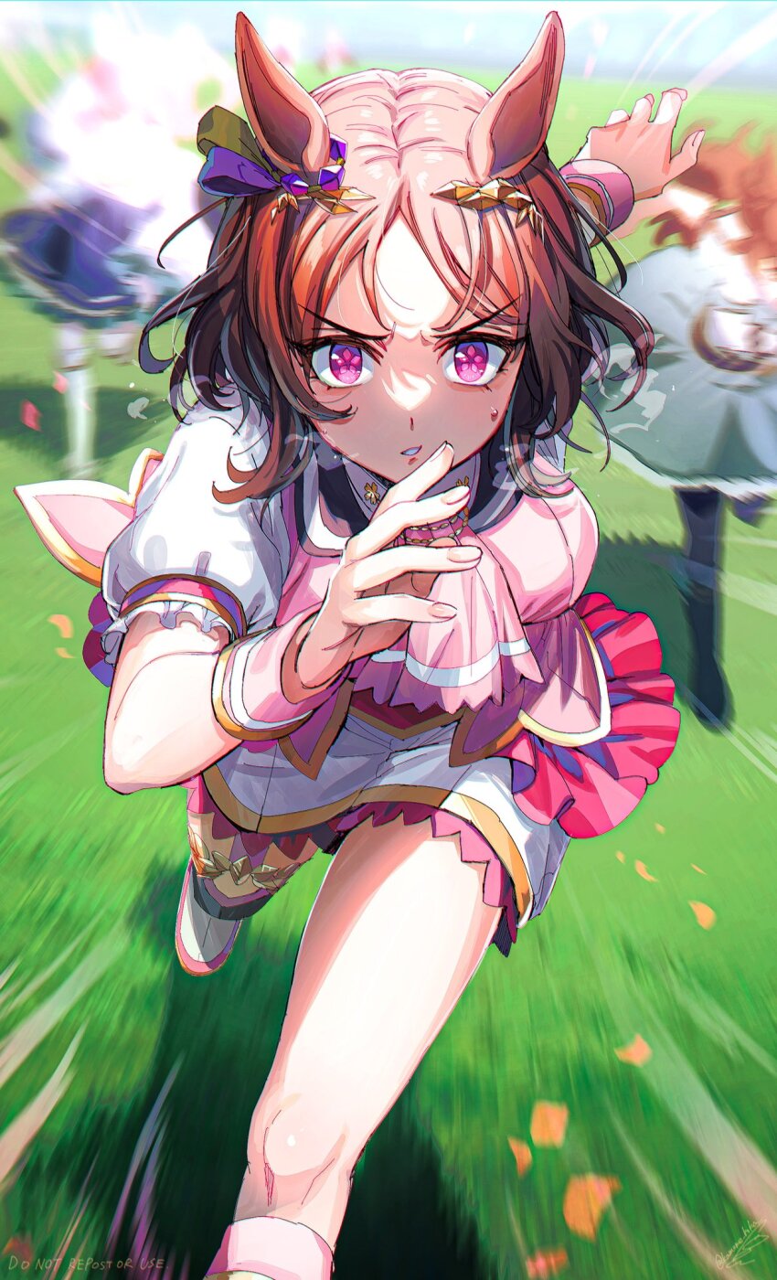 3girls, breasts, brown_hair, flower-shaped_pupils, hair_ornament, highres, horse_girl, looking_at_viewer