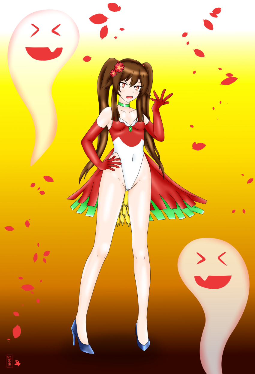 1girl, absurdres, brown_hair, cosplay, gen_2_pokemon, genshin_impact, highleg, highleg_leotard, highres, ho-oh, ho-oh_(cosplay), hu_tao_(genshin_impact), legendary_pokemon, leotard, nintendo, pokemon, twintails