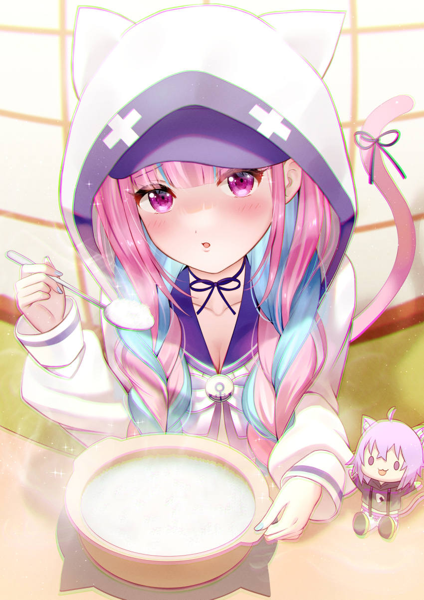 1girl, animal_hood, architecture, baseball_cap, blue_choker, blue_hair, blue_hat, blue_nails