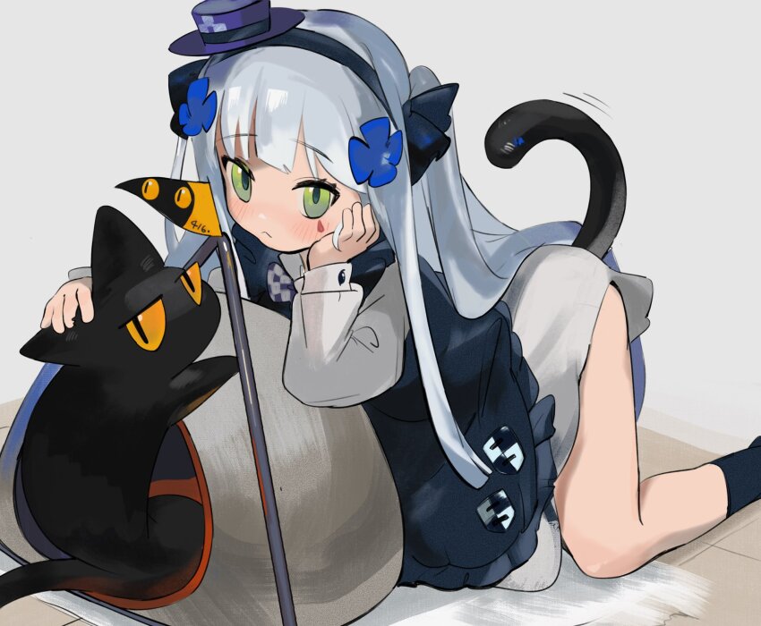1girl, 416_day, animal, apron, black_apron, black_cat, black_hairband, black_socks