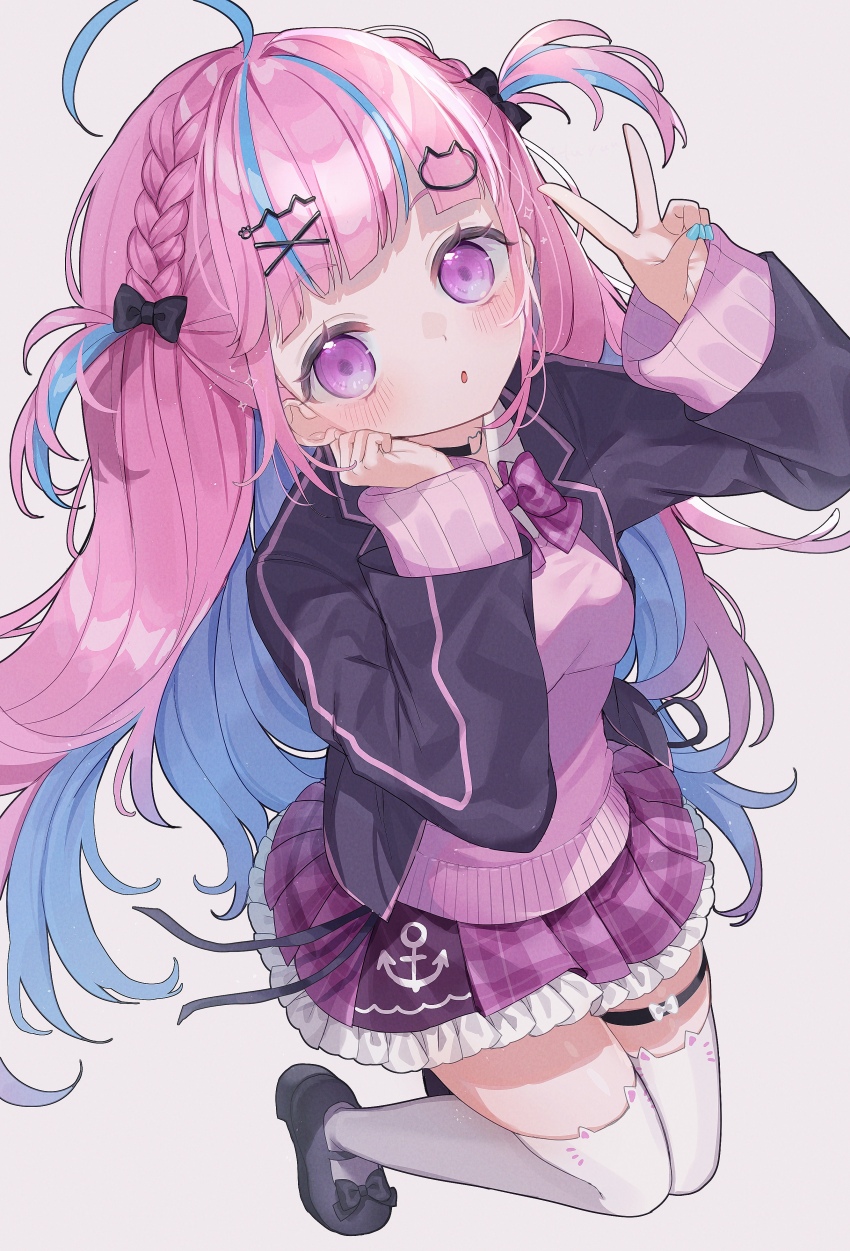 1girl, :o, absurdres, ahoge, anchor_print, animal_ear_legwear, black_choker, black_jacket