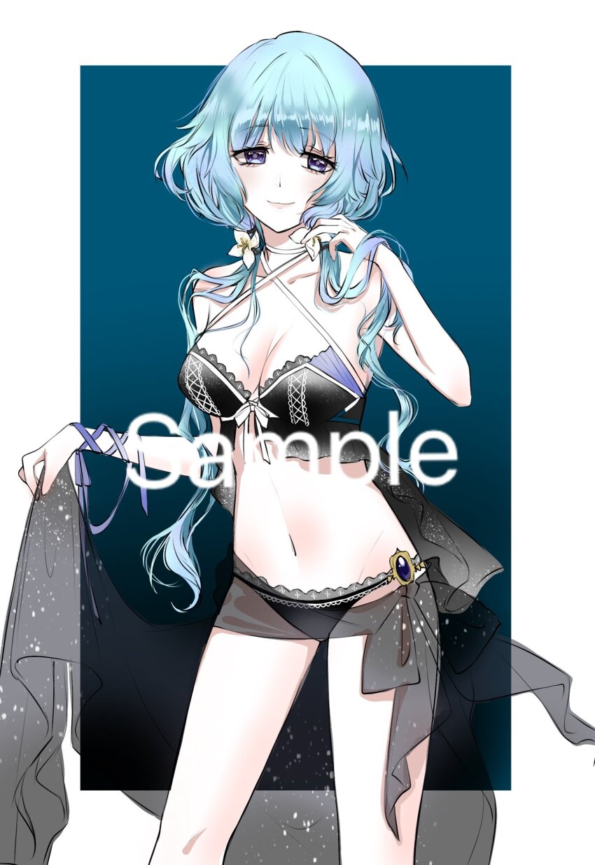 1girl, babydoll, black_bra, black_gem, black_panties, black_sarong, blue_background, blue_hair