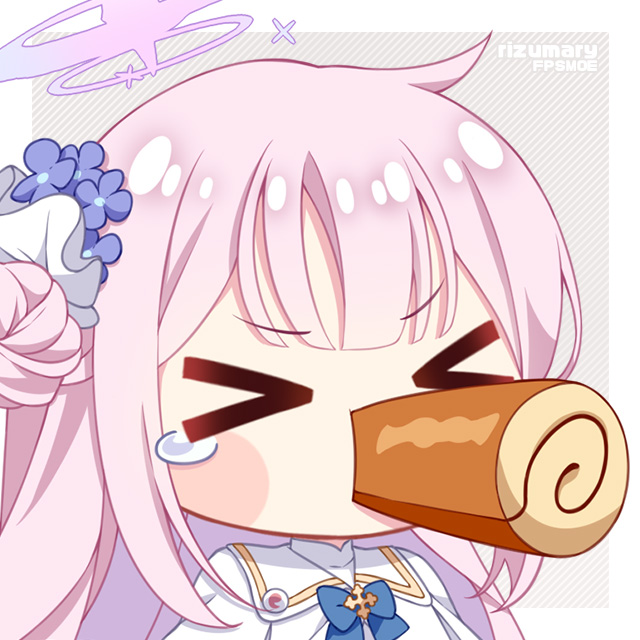 1girl, artist_name, blue_archive, blue_ribbon, blunt_bangs, blush_stickers, cake, chibi
