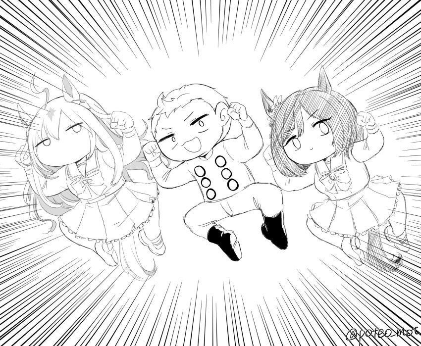 1boy, 2girls, :3, :d, ahoge, animal_ears, black_footwear, bow