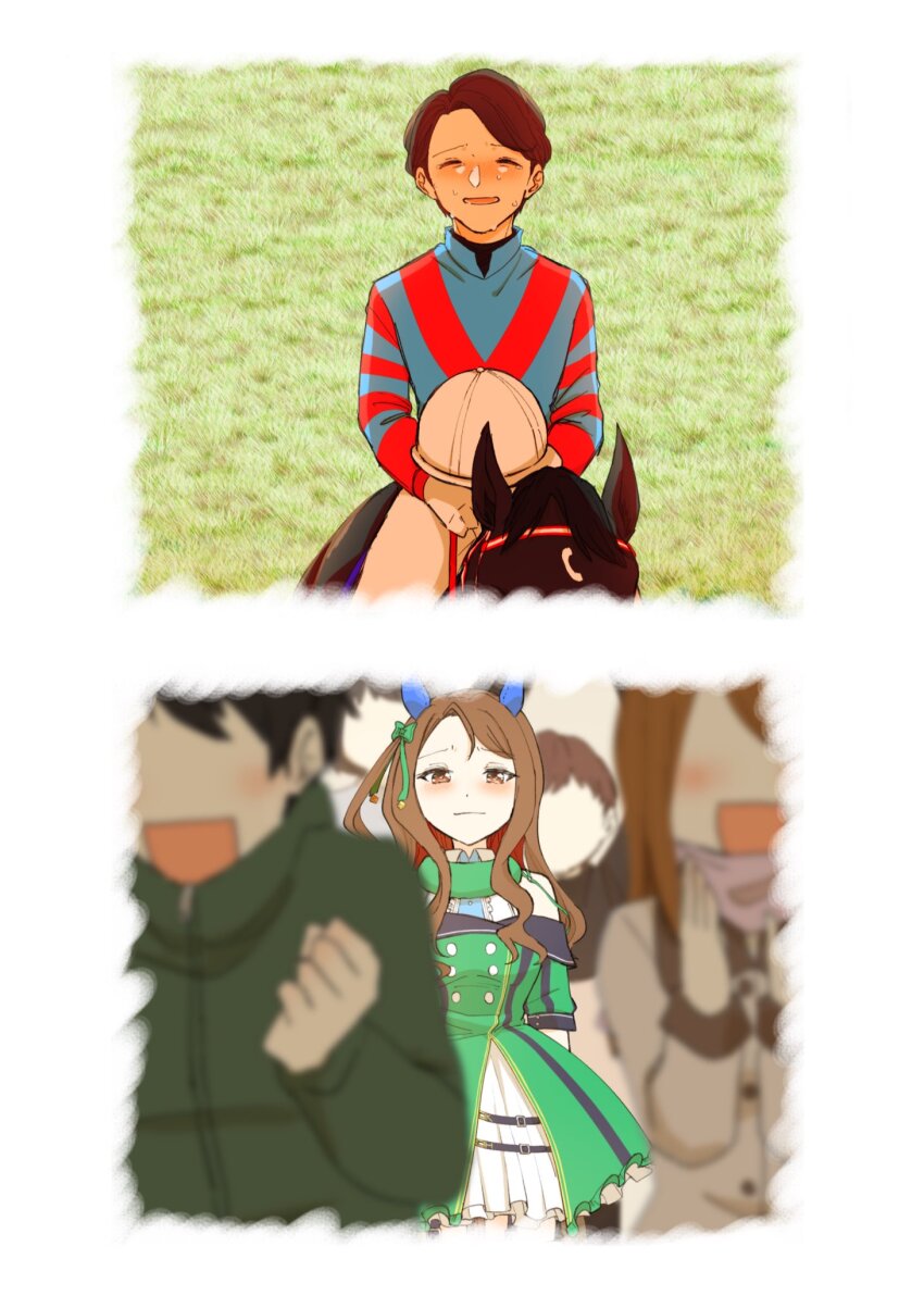 2girls, 2koma, 3boys, animal_ears, blurry, bow, brown_eyes, brown_hair