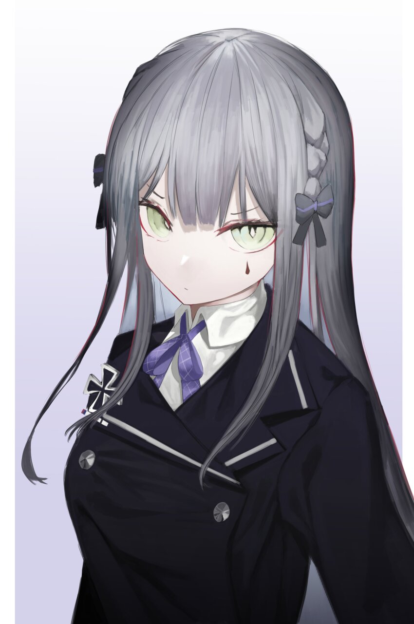 1girl, absurdres, alternate_costume, black_jacket, blunt_bangs, border, bow, braid