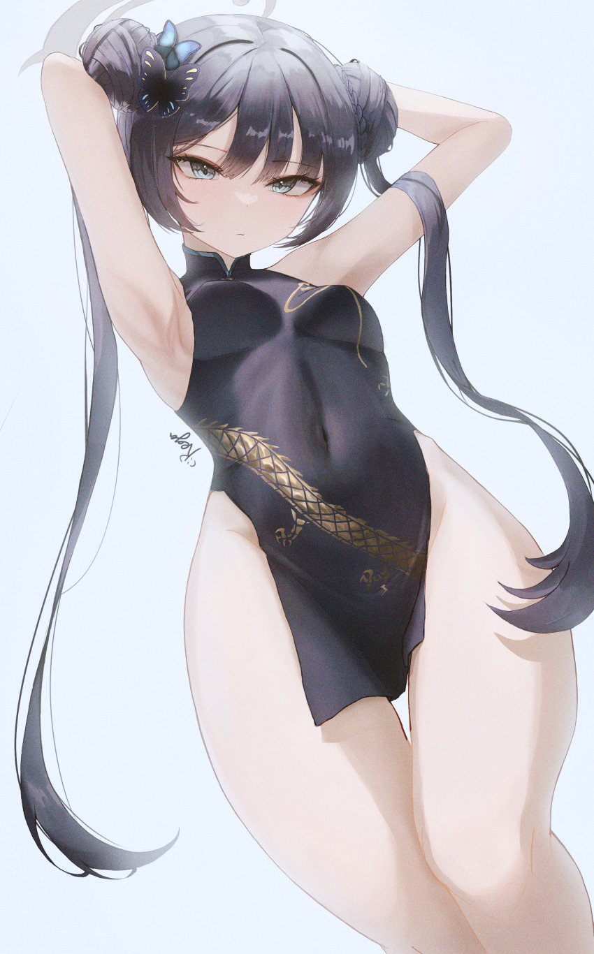 1girl, absurdres, armpits, arms_behind_head, black_hair, blue_archive, breasts, butterfly_hair_ornament