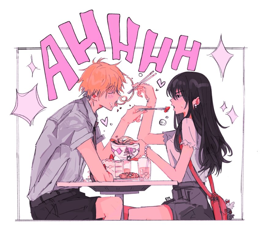 1boy, 1girl, armlet, bag, black_hair, blonde_hair, blush, cake