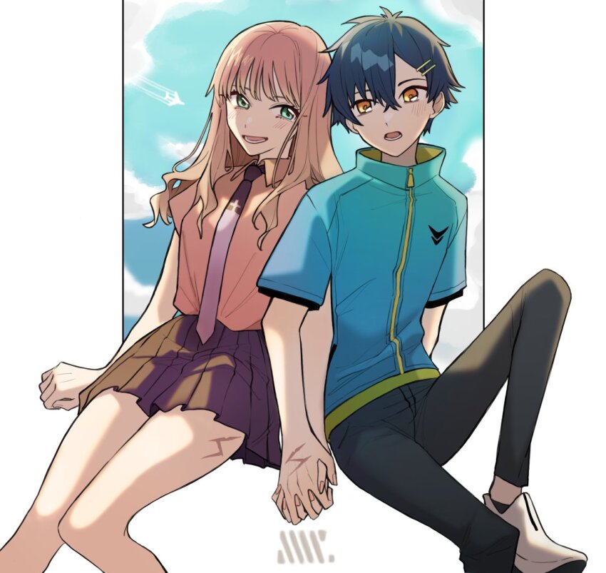 1boy, 1girl, asanaka_yomogi, blue_hair, blush, brown_hair, couple, green_eyes