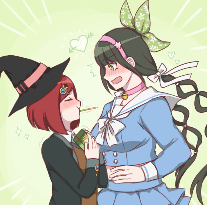 2girls, arrow_through_heart, black_headwear, black_jacket, blue_shirt, blush, bow, bowtie