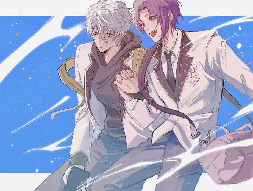 2boys, backpack, bag, black_eyes, black_hoodie, black_pants, blnag_peapond, blue_background, blue_lock, cellphone, collared_shirt, cowboy_shot, highres, holding, holding_hands, holding_phone, hood, hood_down, hoodie, jacket, long_sleeves, looking_away, male_focus, mikage_reo, multiple_boys, nagi_seishirou, open_mouth, pants, phone, purple_eyes, purple_hair, school_uniform, shirt, short_hair, smartphone, smile, standing, white_hair, white_shirt, yaoi